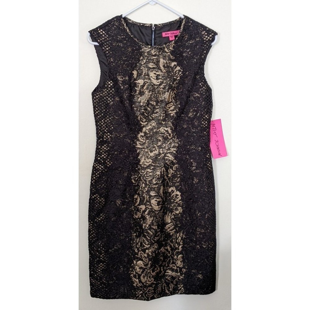 BOGO SALE! BETSEY JOHNSON NWT Black and Gold Lace Shift Cocktail Dress, Sz 8